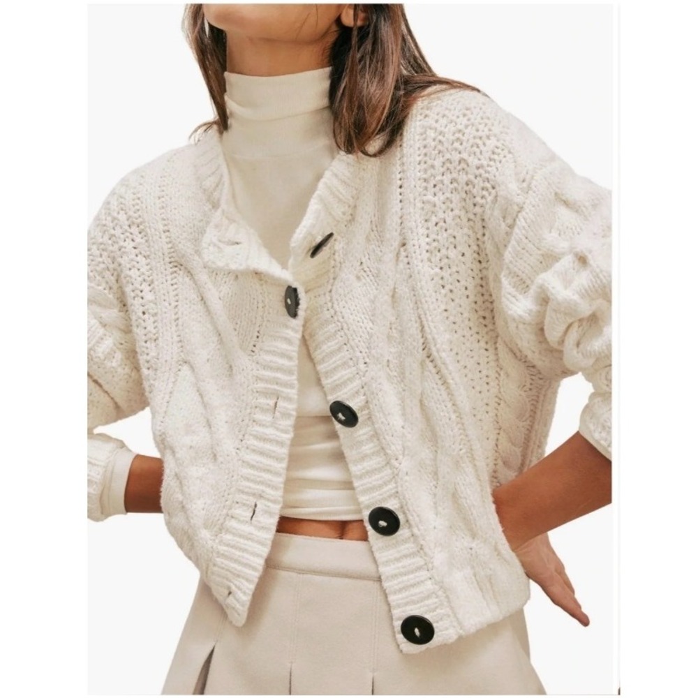 Free People Bonfire Cable Knit Cardigan Ivory White XL OB1216607
